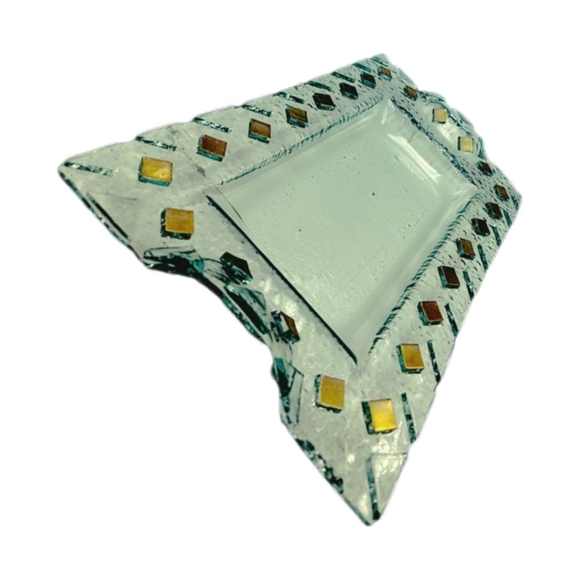 👣4/$20.  Fused Glass Tray Pebble Texture Glass with Gold Tone Square Accents - Picture 5 of 7